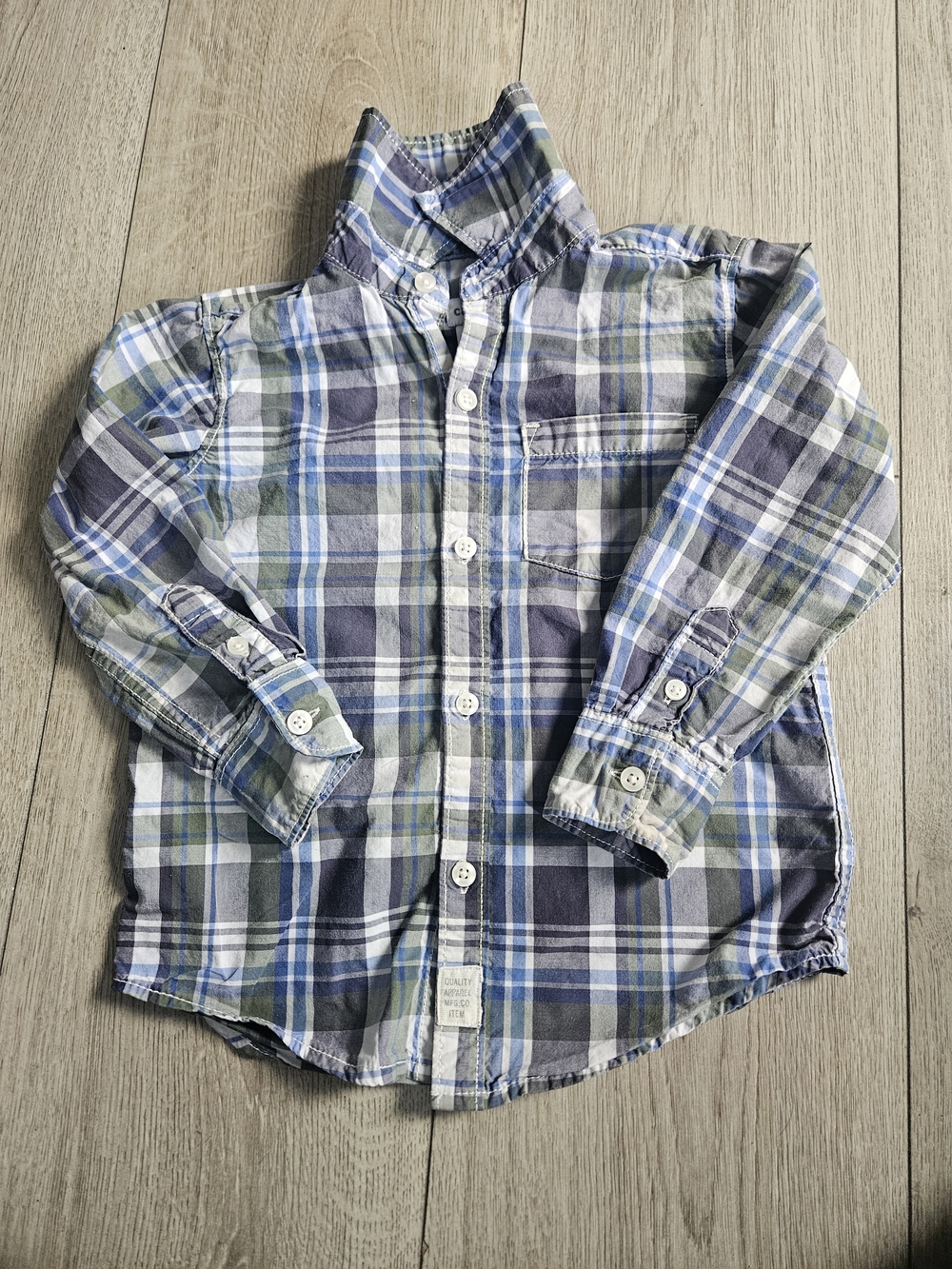 ​Carter's Boys Plaid Button Up Shirt Long Sleeve Blue Green Toddler Size 2T🩷